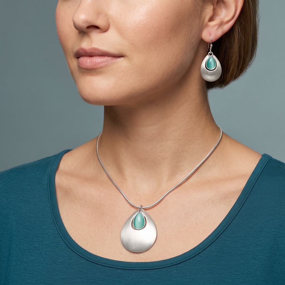 Christopher and Banks Silver Tone Teardrop Necklace Earrings Set Green Stone